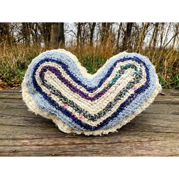 unbranded Other - Vintage Heart Shaped Rag Rug Accent Pillow Farmhouse Primitive Blue White